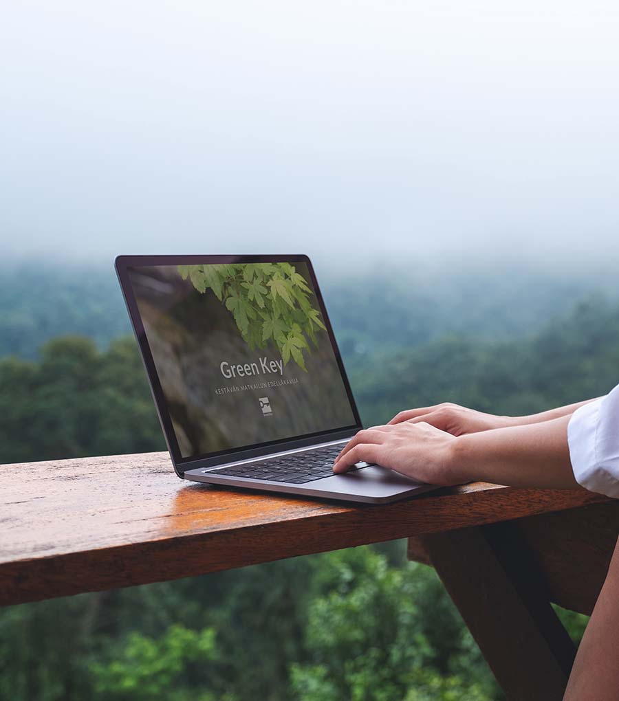 Nainen tekee töitä kannettavalla tietokoneella parvekkeella taustalla kaunis sumuinen maisema